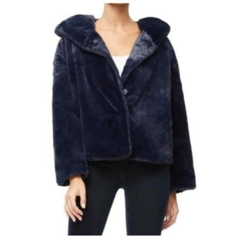 Good American NWT Navy Blue Plush Faux Fur Coat Size S/M